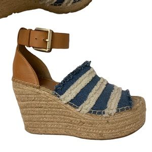 Marc Fisher Espadrille Wedge Sandal Heel Leather Jean Size 5.5 Shoe Ankle Strap